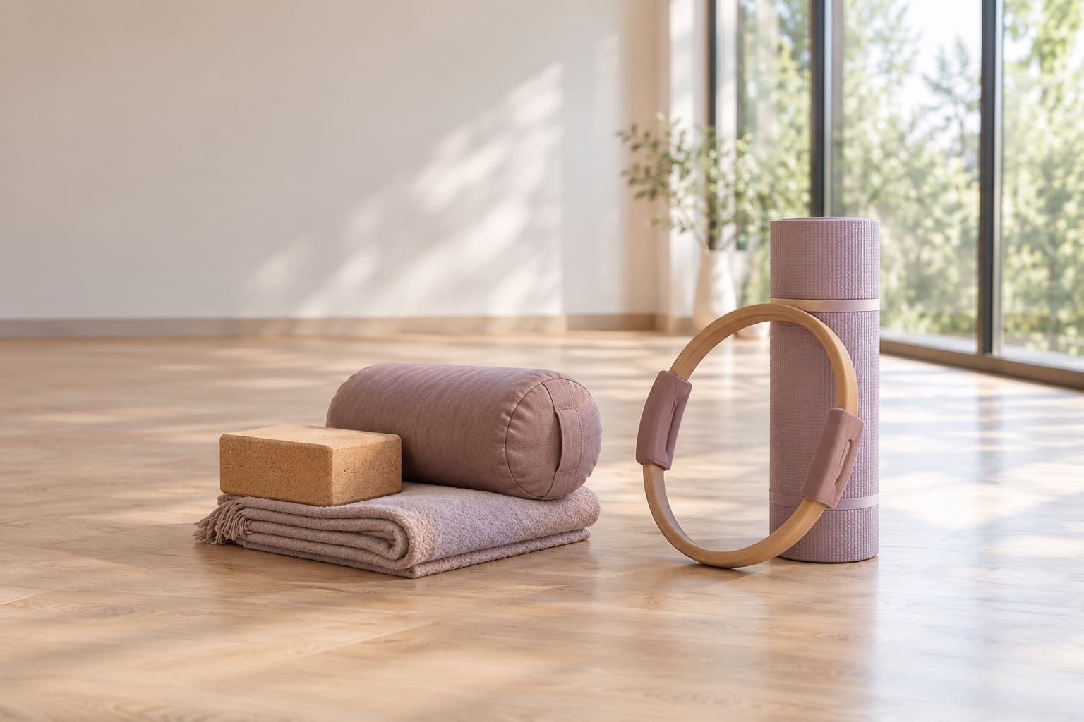 Yogablock, Bolster und Decke neben Pilates-Ring und aufgerollter Matte auf hellem Holzboden – KI-generiertes Symbolbild