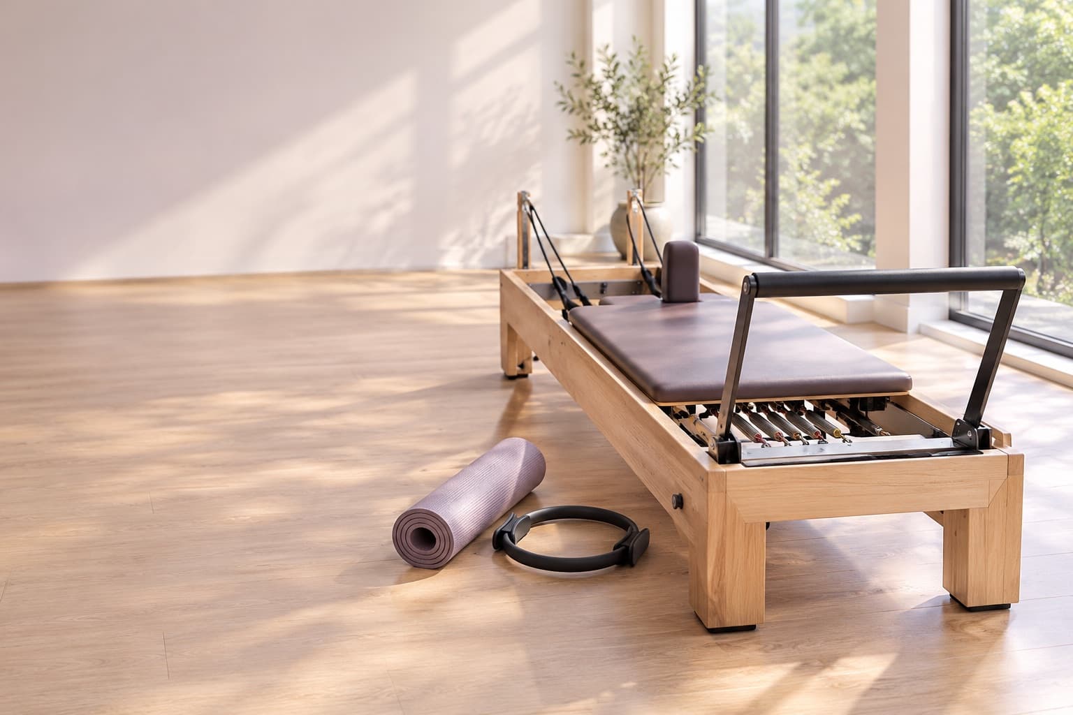 Ein klassischer Pilates-Reformer neben einer aufgerollten Matte auf hellem Holzboden – KI-generiertes Symbolbild