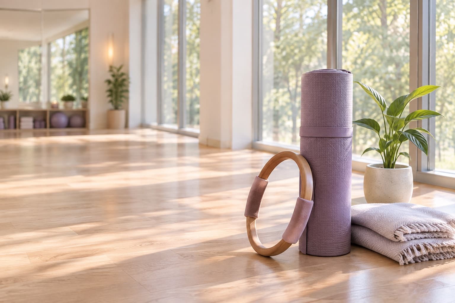 Aufgerollte Pilates-Matte, Pilates-Ring und Decke auf hellem Holzboden in einem Studio – KI-generiertes Symbolbild